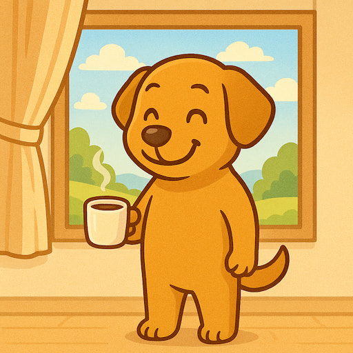 淹れたてのコーヒーを飲んで幸せな気分になる犬のイラスト