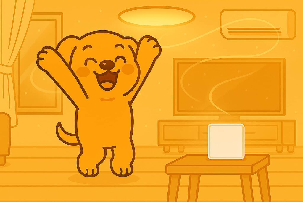 ハブミニを使って家をスマートホーム化し、喜ぶ犬のイラスト