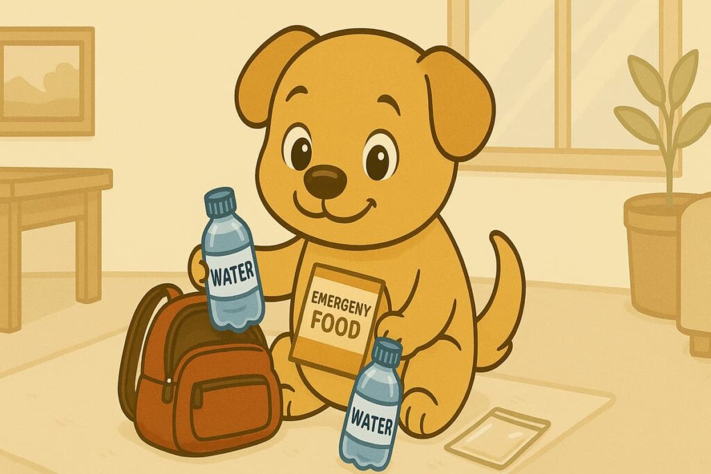 防災リュックの中身を確認しながら詰める犬のイラスト