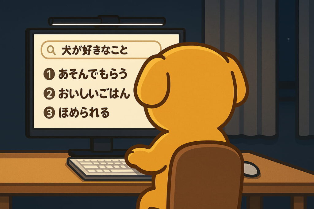スクリーンライトを使って夜にネットで調べ物をする犬のイラスト