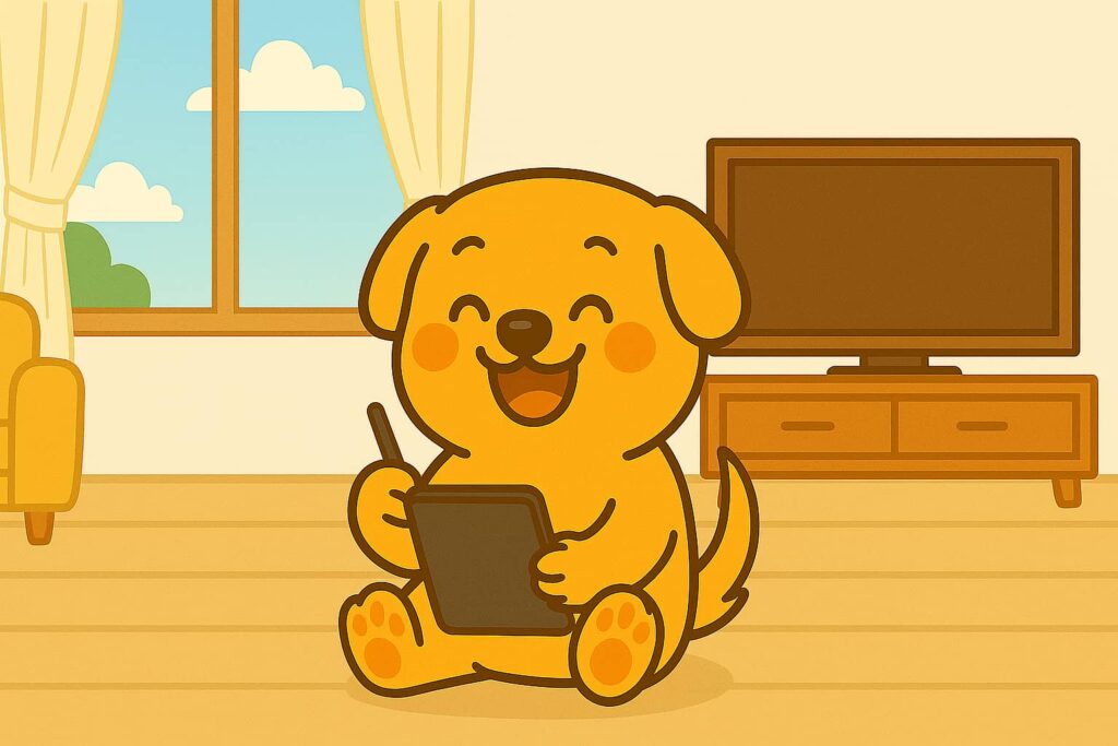 ペンでKindle Scribeに書き込みをしながら、読書をする犬のイラスト