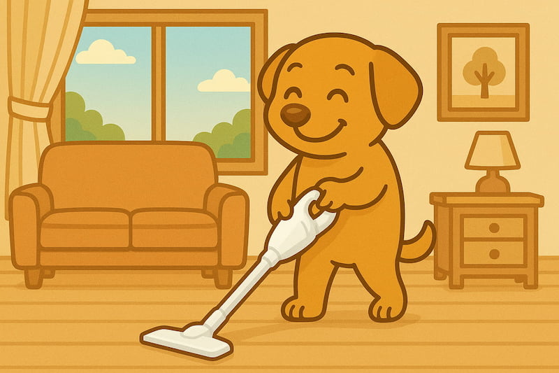 コードレス掃除機で部屋の掃除をするかわいい犬のイラスト