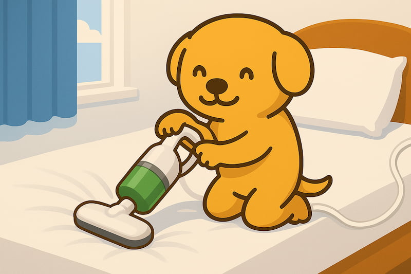 布団クリーナーでベッドを掃除するかわいい犬のイラスト（清潔・ふとん掃除のイメージ）