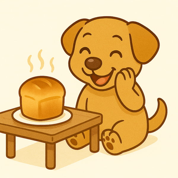 焼き立てのパンを前にして笑顔になってしまう犬のイラスト