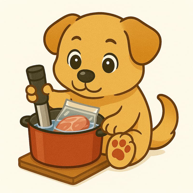 低温調理器を使ってお肉を調理している可愛い子犬のイラスト